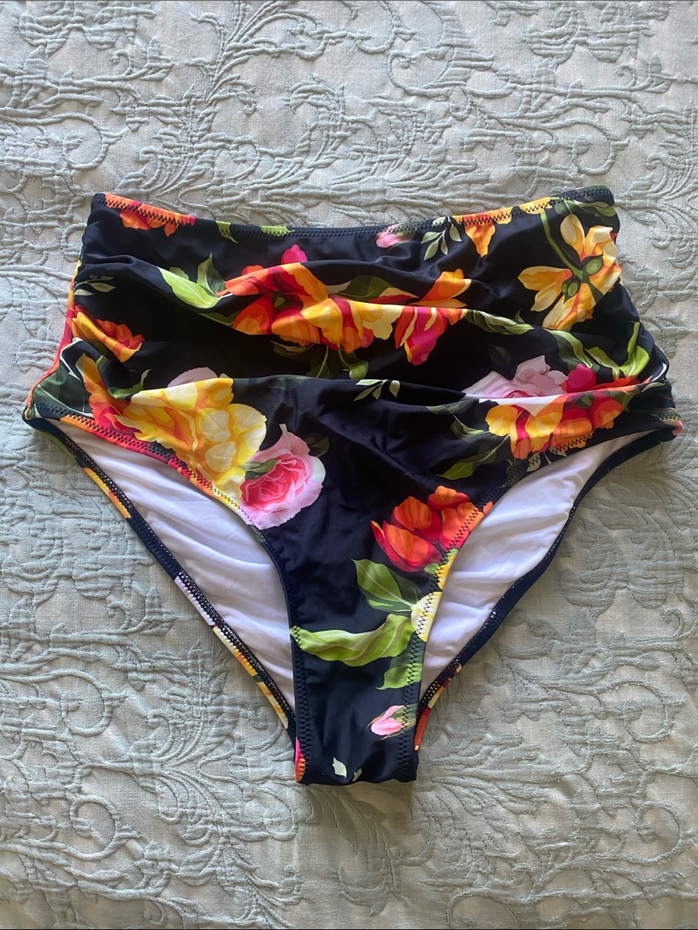 Cupshe Black Floral High-Rise Bikini Bottoms with Yellow & Pink Blooms